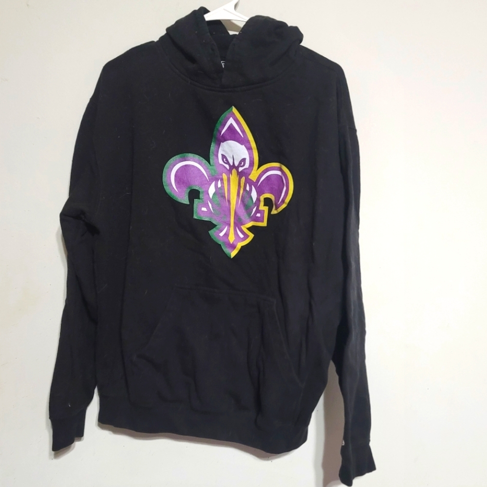 Womens Sz Large Black Mardi Gras Hoodie Sweatshirt Top‎ Purple Green Spellout